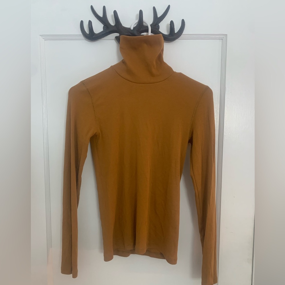 everlane stretch turtleneck. yellowish/brown color